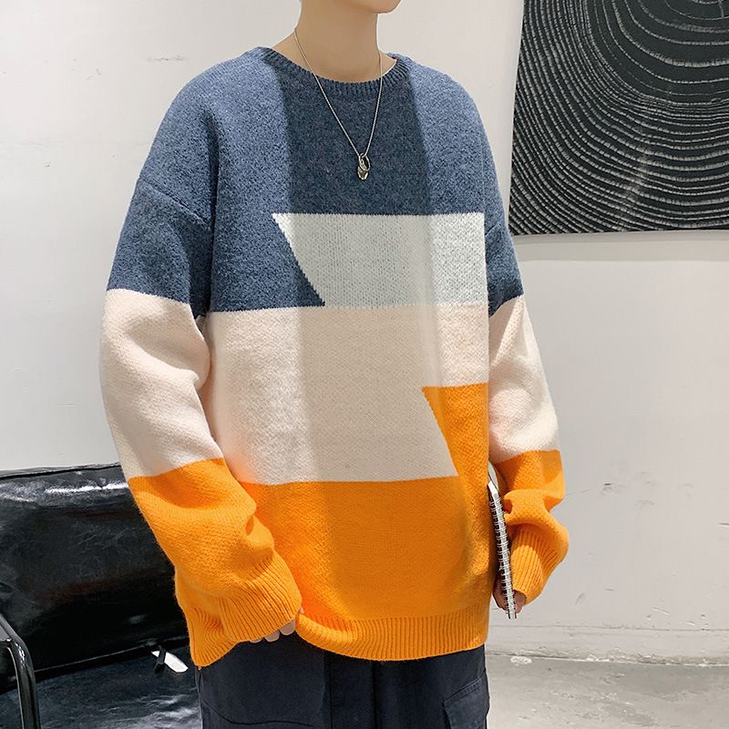 Rund Hals Pullover Farve Kontrast Sweater Mænd Trend Løs Afslappet Par