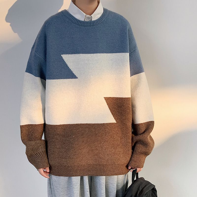 Rund Hals Pullover Farve Kontrast Sweater Mænd Trend Løs Afslappet Par