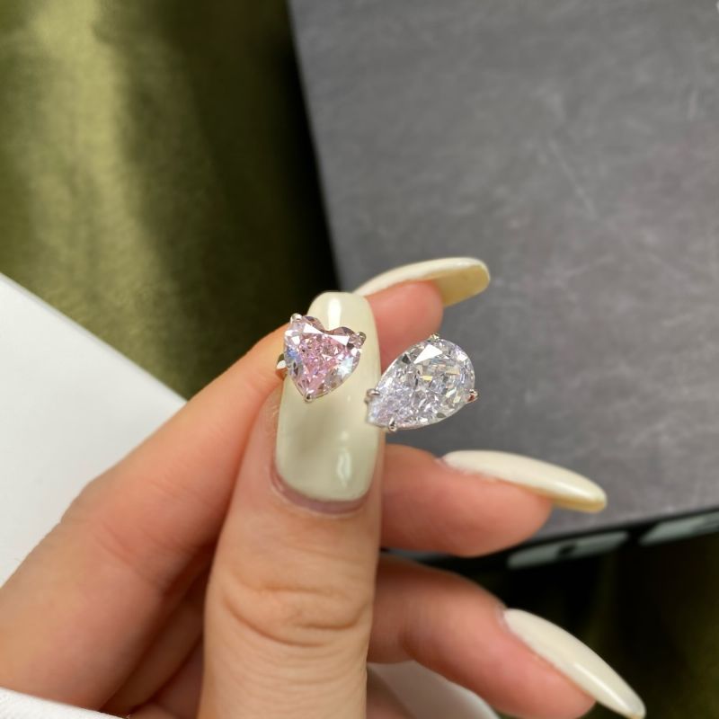 S925 Sterling Sølv Ring Kvindelig Vanddråbe Mode Række Af Diamanter Sød Fersken Hjerte Temperament Firkantet Diamant Pink Høj Kulstof Diamantring