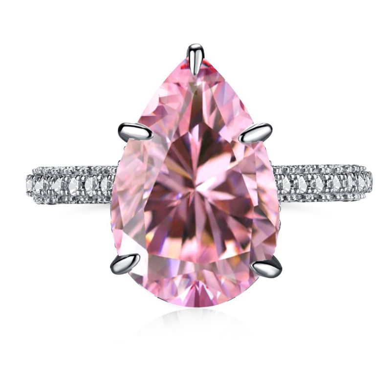 S925 Sterling Sølv Ring Kvindelig Vanddråbe Mode Række Af Diamanter Sød Fersken Hjerte Temperament Firkantet Diamant Pink Høj Kulstof Diamantring