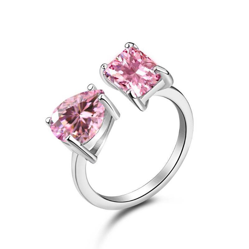 S925 Sterling Sølv Ring Kvindelig Vanddråbe Mode Række Af Diamanter Sød Fersken Hjerte Temperament Firkantet Diamant Pink Høj Kulstof Diamantring