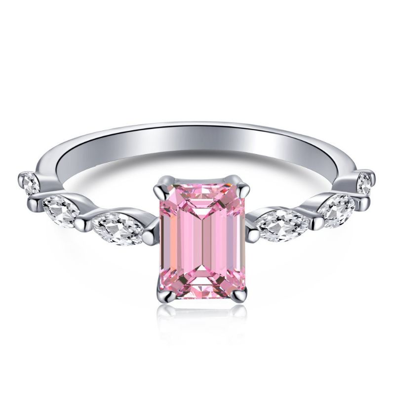 S925 Sterling Sølv Ring Kvindelig Vanddråbe Mode Række Af Diamanter Sød Fersken Hjerte Temperament Firkantet Diamant Pink Høj Kulstof Diamantring