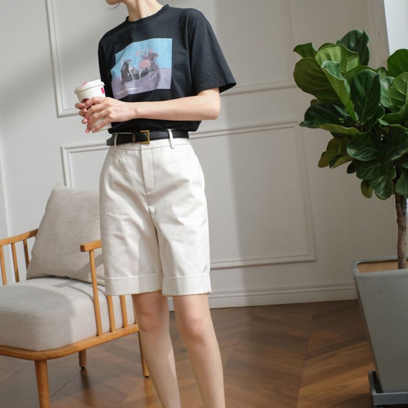 Shorts Dame Højtalje Lige Khaki Casual Cropped Bukser