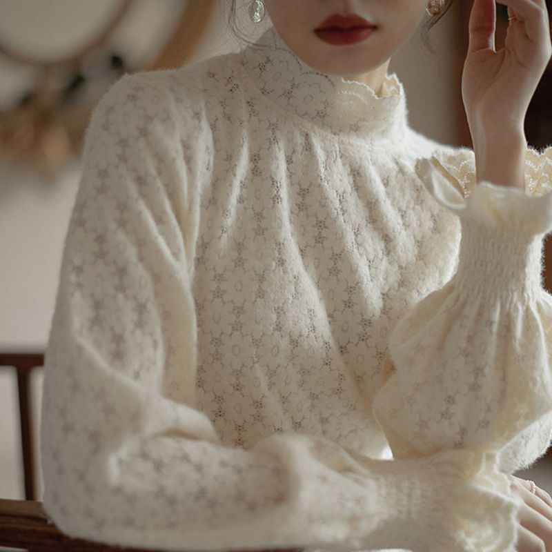 Skjorte Dame Børstet Puff Sleeves Pullover Løse Lange Ærmer