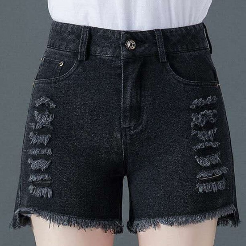 Sorte Højtaljede Denimshorts Damer Løs Casual Rippet Tyndt Afsnit