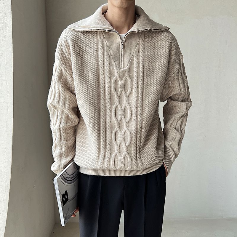 Strik Til Mænds Store Revers Jacquard Twist Ensfarvet Pullover Sweater