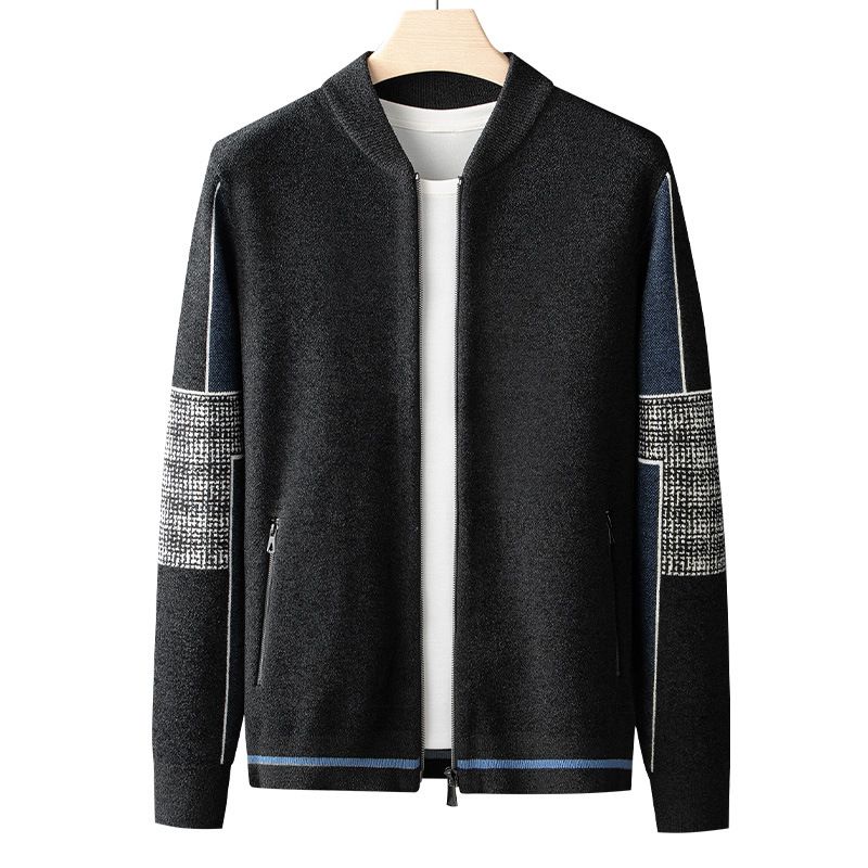 Strikket Cardigan Herre 2023 Baseballkrave Kontrastfarve Jacquard Sweater Afslappet Jakke