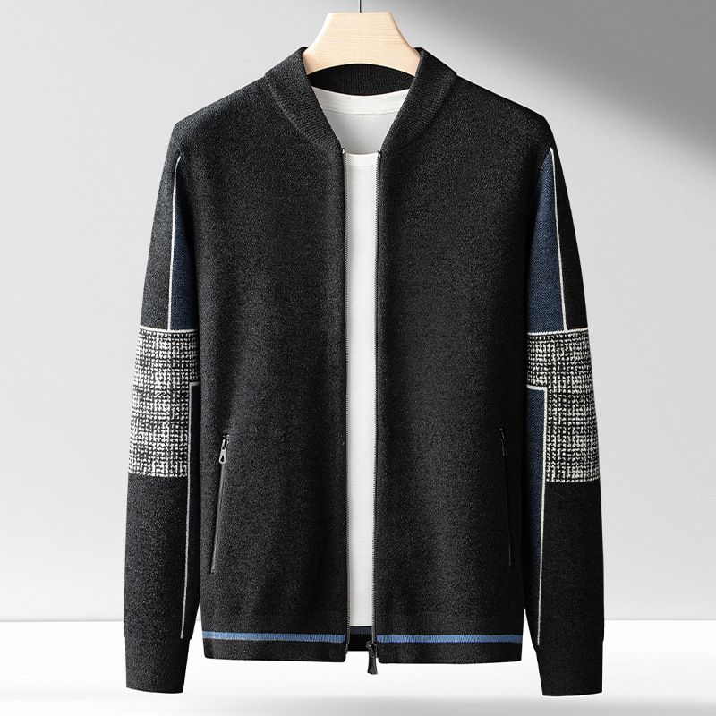 Strikket Cardigan Herre 2023 Baseballkrave Kontrastfarve Jacquard Sweater Afslappet Jakke