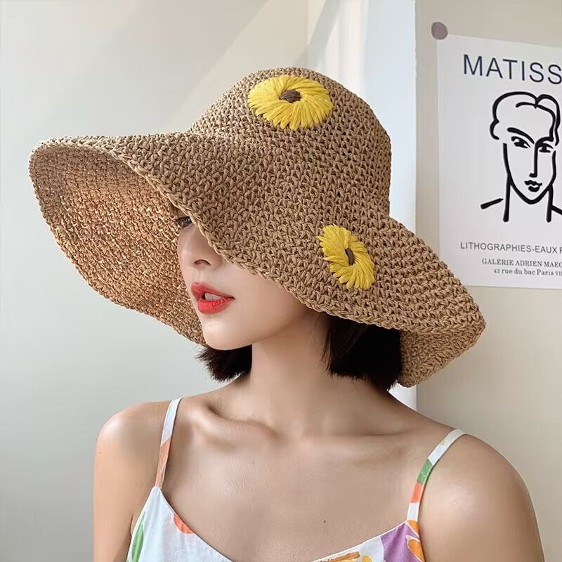 Summer Sweet Straw Hat Kvinde Foldbar Beach Hat Håndbroderet Little Daisy Sun Hat