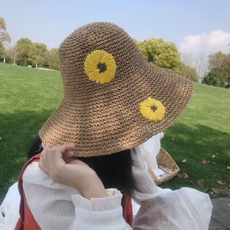 Summer Sweet Straw Hat Kvinde Foldbar Beach Hat Håndbroderet Little Daisy Sun Hat