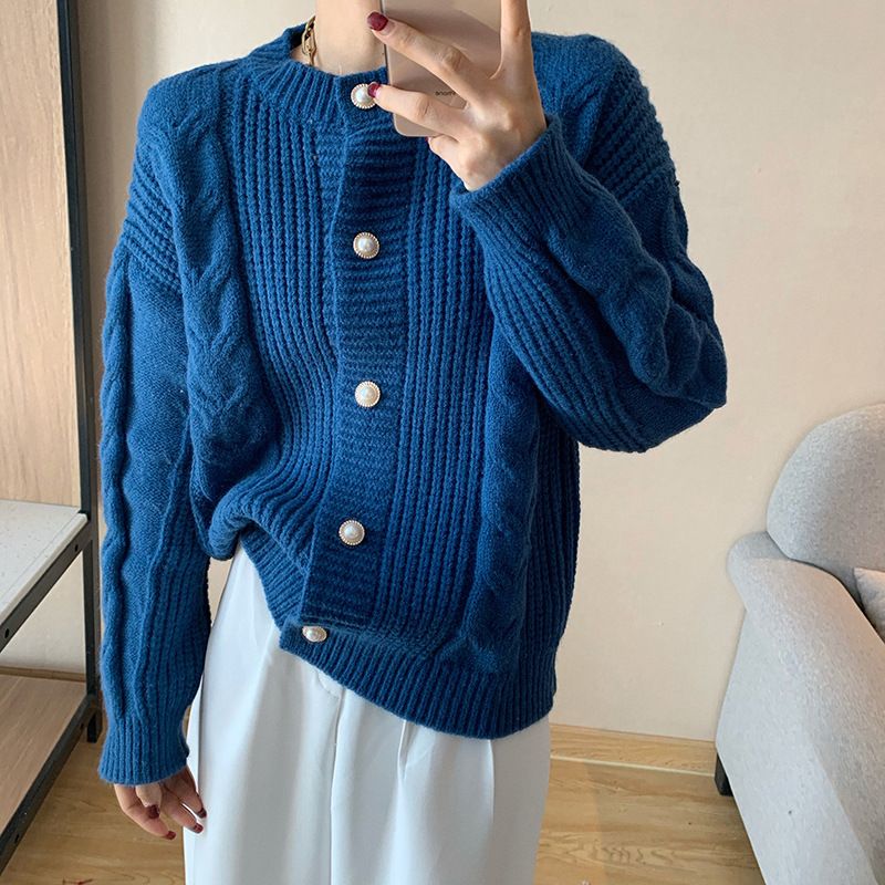 Sweater Kvinder 2023 Efterår Ny Casual Rund Hals Snoet Løs Perle Knap Strikket Cardigan Top