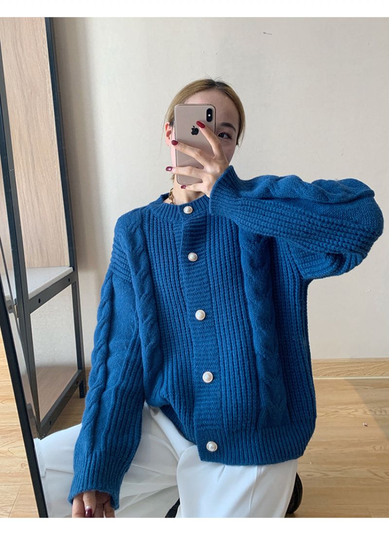 Sweater Kvinder 2023 Efterår Ny Casual Rund Hals Snoet Løs Perle Knap Strikket Cardigan Top