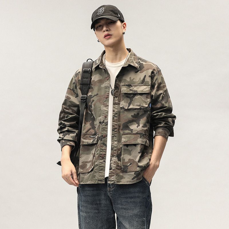 Tooling Shirt Mænd Jakke Camouflage Retro Casual Trend Løs Langærmet