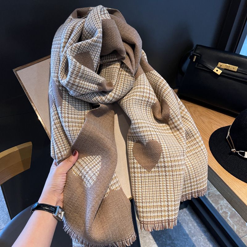 Trendy Tørklæde Kvinders Vinter Dobbeltsidet Dobbelt-brug Kærlighed Plaid Houndstooth Cashmere Multifunktionelt Sjal Efterår