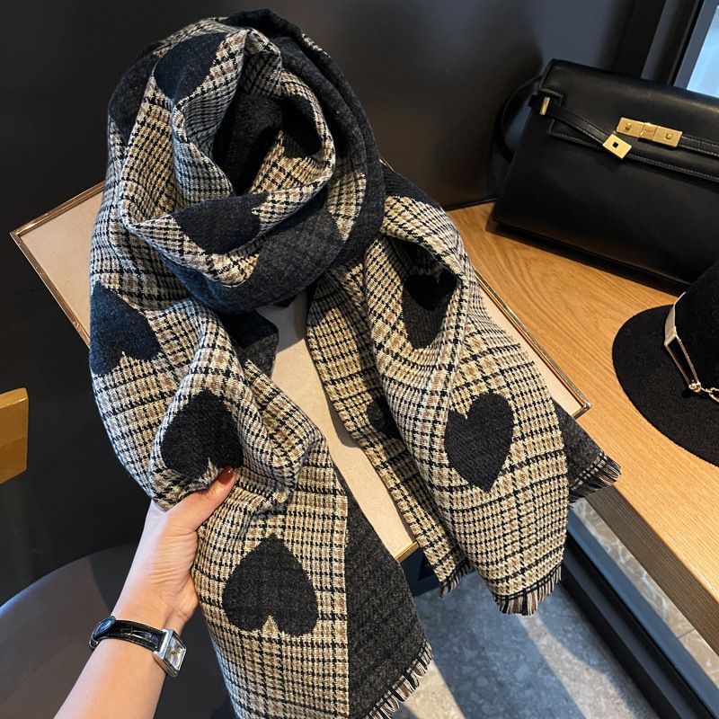 Trendy Tørklæde Kvinders Vinter Dobbeltsidet Dobbelt-brug Kærlighed Plaid Houndstooth Cashmere Multifunktionelt Sjal Efterår