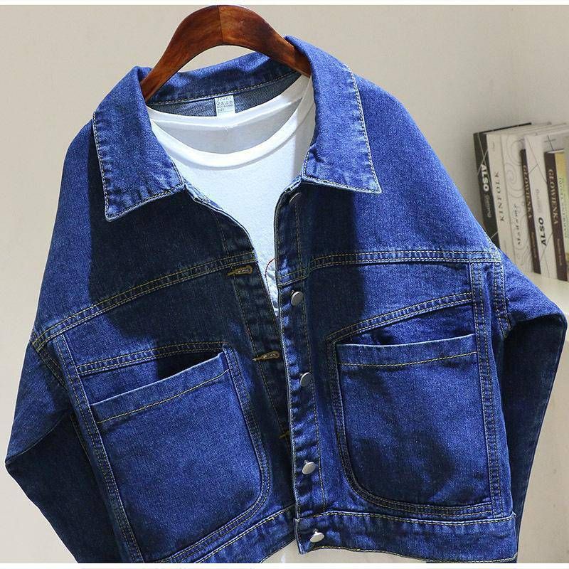 Vintage Cropped Denim Jacket Dame Loose Pocket Top