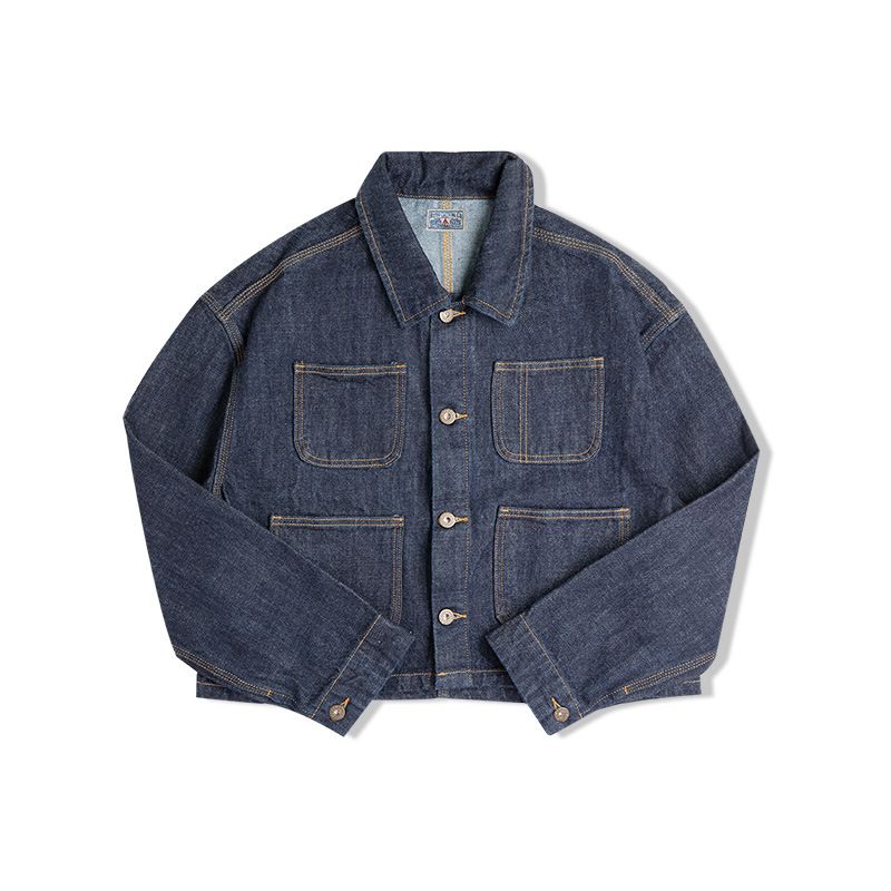 Vintage Denimjakke Til Kvinder Mørkeblå Bomuld Løs Lapel Cropped Jakke