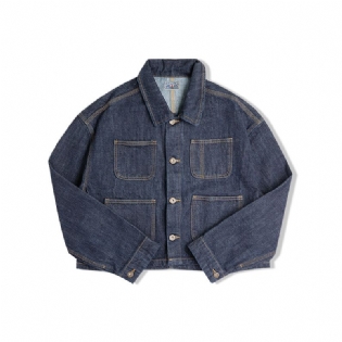 Vintage Denimjakke Til Kvinder Mørkeblå Bomuld Løs Lapel Cropped Jakke