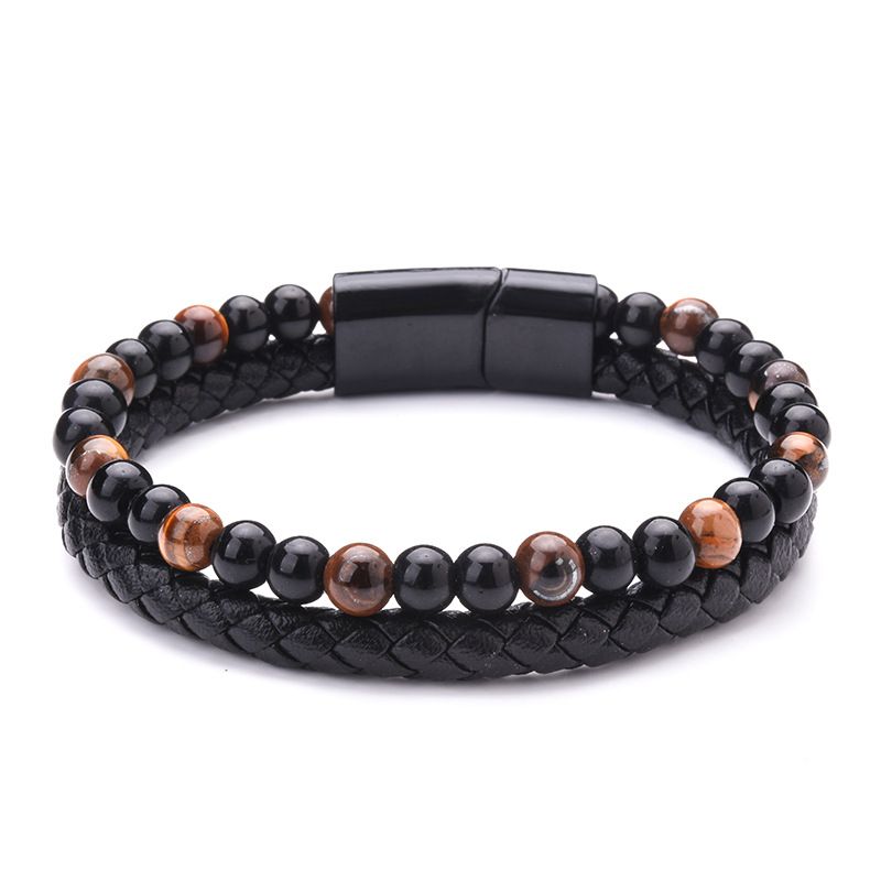 Volcanic Natural Stone Tiger Eye Beaded Armbånd Herre Læder Reb Agate