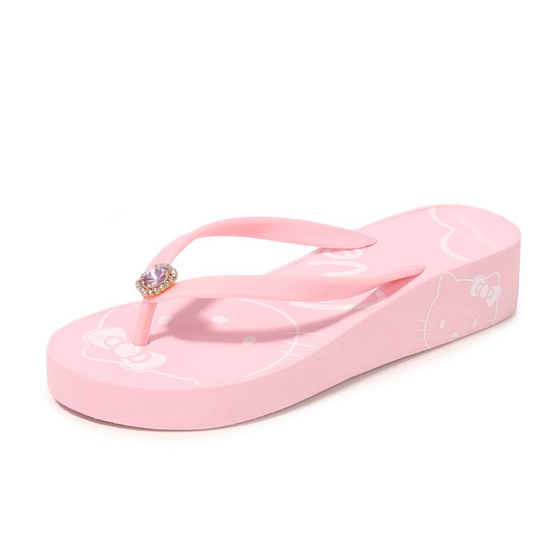 2023 Kreative Nye Kvinders Hello Kitty Søde Flip Flops Med Mellemhæl Rhinestone Sommer Kile Sandaler Hjemmesko