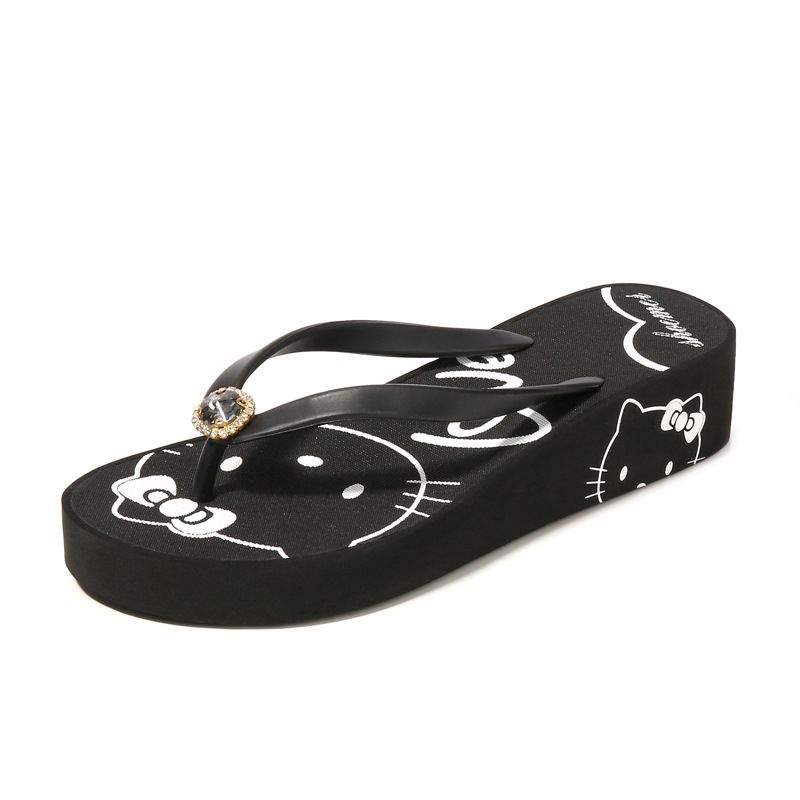 2023 Kreative Nye Kvinders Hello Kitty Søde Flip Flops Med Mellemhæl Rhinestone Sommer Kile Sandaler Hjemmesko