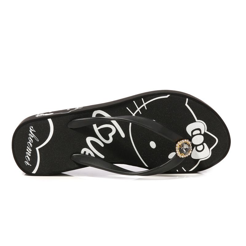 2023 Kreative Nye Kvinders Hello Kitty Søde Flip Flops Med Mellemhæl Rhinestone Sommer Kile Sandaler Hjemmesko