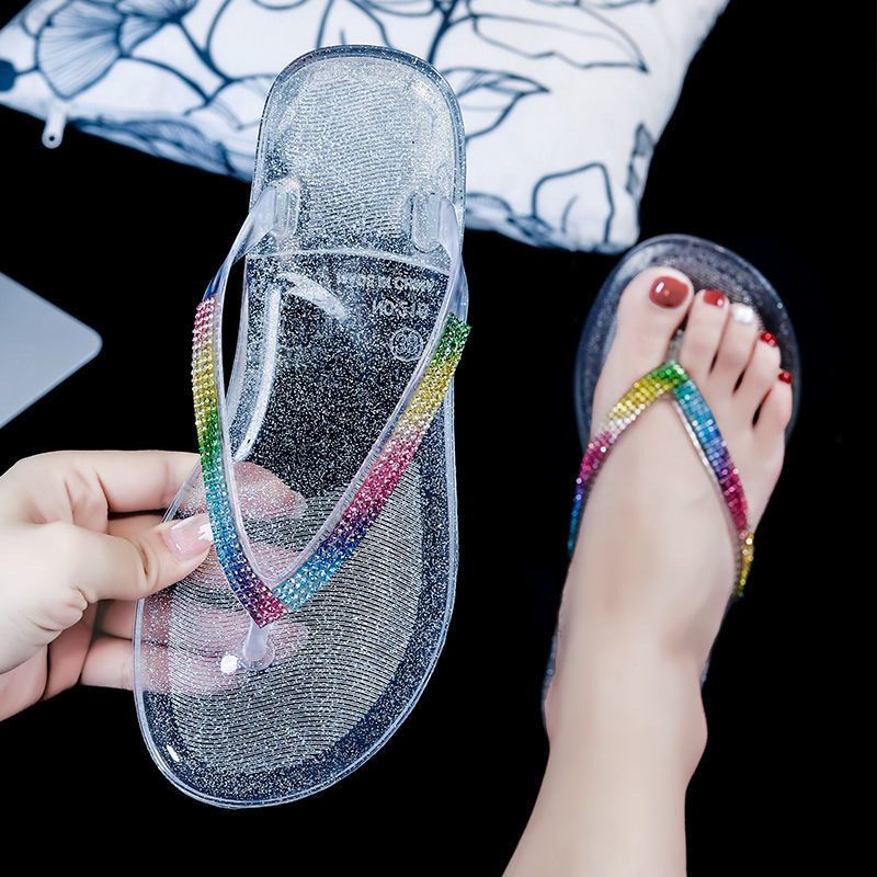 2023 Sommer Flip Flops Kvinders Nye Mode Slik Farve Flad Krystal Knivspids Sandaler Hjemmesko Sko