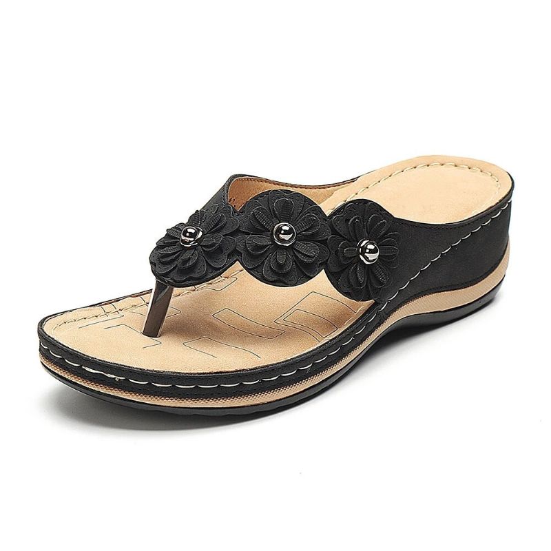 Flip-flops Kvinders Tykbund Skridsikker Kile Blød Bund Hule Blomsterflip-flops Store Hjemmesko Lette Og Komfortable