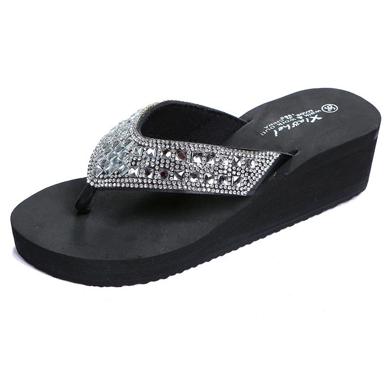 Hjemmesko Kvinders Sommer Rhinestone Sandaler Sko Piger Mode Ferie Strand Sko Wedge Platform Sko Klipklapper