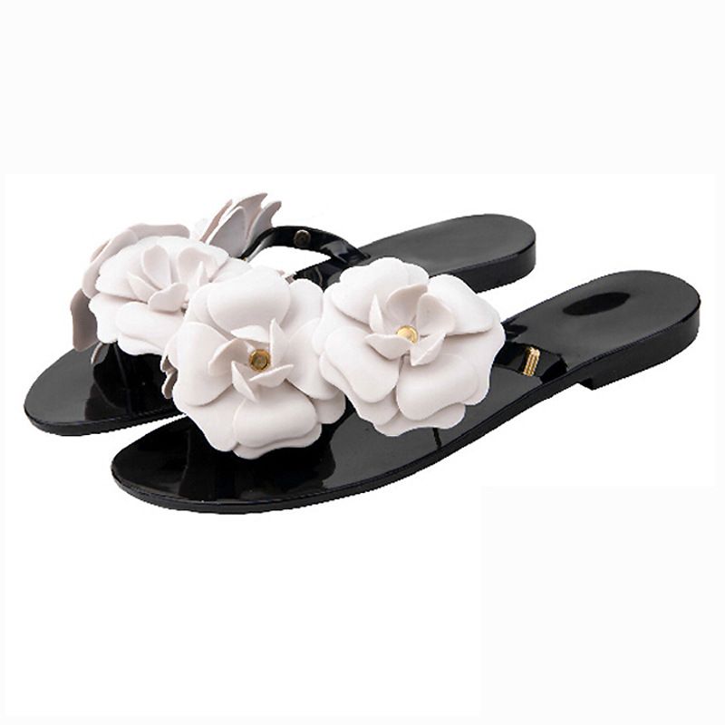 Ny Sommer Camellia Hjemmesko Fladbundede Jelly Flip Flops Dame Skridsikre Små Duftende Blomster Strandsandaler