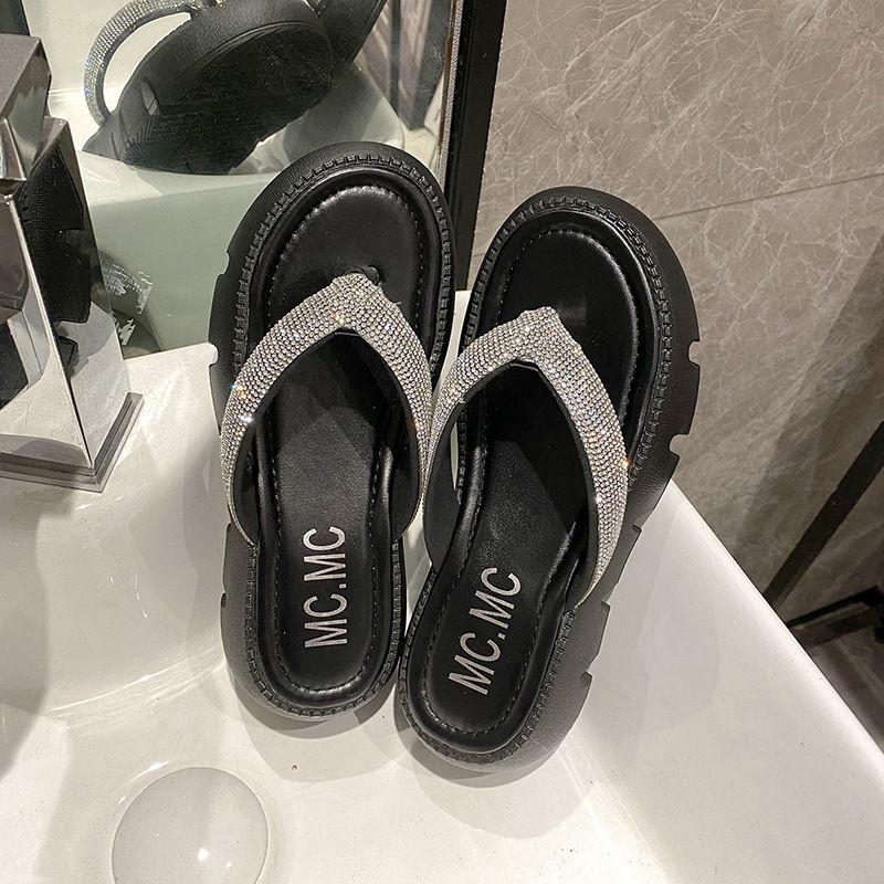 Rhinestone Tyk Bund Flip Flops Kvinders Sommer 2023 Ny Mode Pinch Platform Sandaler Hjemmesko Går Ud For At Øge Højden