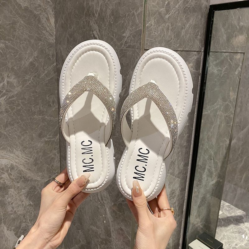 Rhinestone Tyk Bund Flip Flops Kvinders Sommer 2023 Ny Mode Pinch Platform Sandaler Hjemmesko Går Ud For At Øge Højden