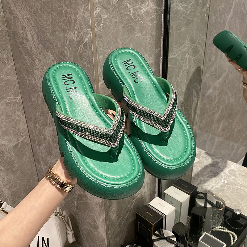 Rhinestone Tyk Bund Flip Flops Kvinders Sommer 2023 Ny Mode Pinch Platform Sandaler Hjemmesko Går Ud For At Øge Højden