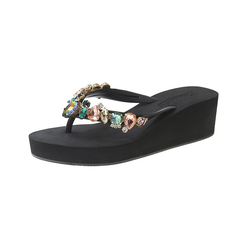 Sommer Ny Farve Glas Fersken Hjerte Rhinestone Tyk Bund Flip Flops Damemode Strand