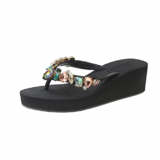 Sommer Ny Farve Glas Fersken Hjerte Rhinestone Tyk Bund Flip Flops Damemode Strand