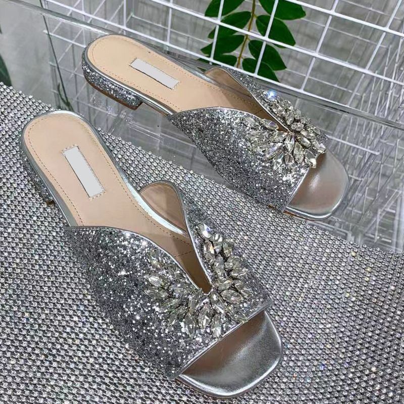 Sommer Nye Flade Hjemmesko Kvinder Rhinestone Dekoreret Runde Tå Sandaler Sko Mode