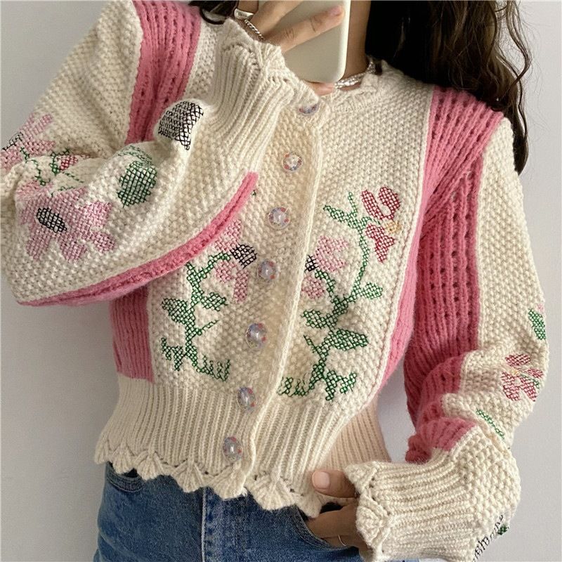 2023 Dame Sweater Jakke Kort Slim Fit Farve Matchende Blomster Strikkede Cardigan Toppe