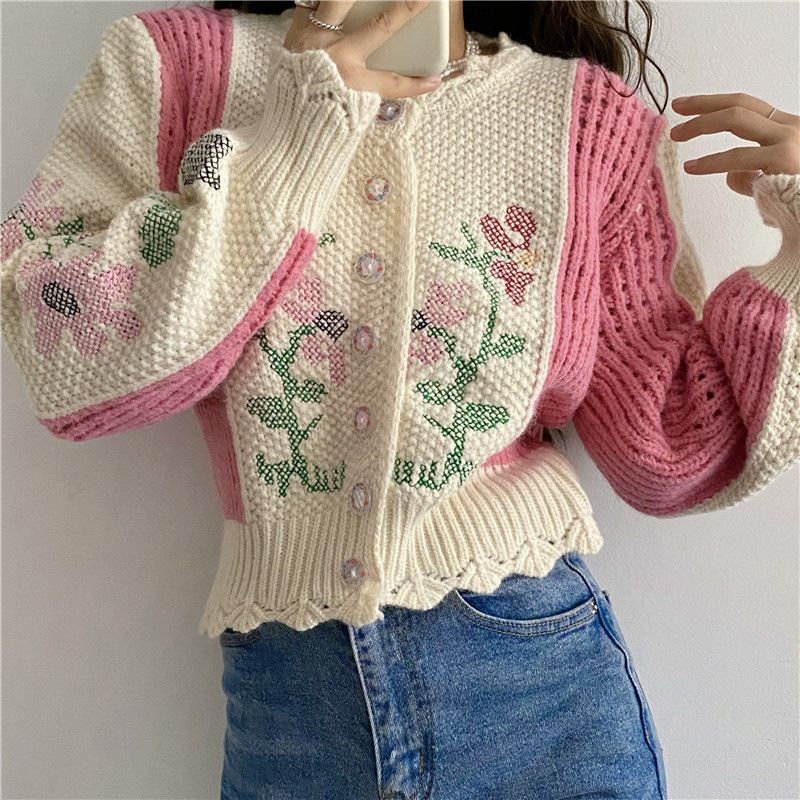 2023 Dame Sweater Jakke Kort Slim Fit Farve Matchende Blomster Strikkede Cardigan Toppe