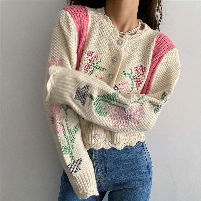 2023 Dame Sweater Jakke Kort Slim Fit Farve Matchende Blomster Strikkede Cardigan Toppe