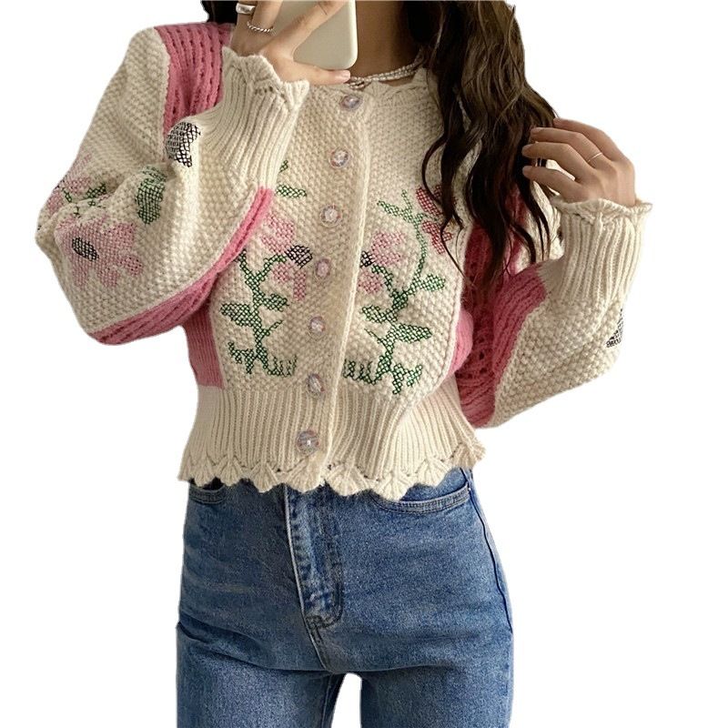 2023 Dame Sweater Jakke Kort Slim Fit Farve Matchende Blomster Strikkede Cardigan Toppe