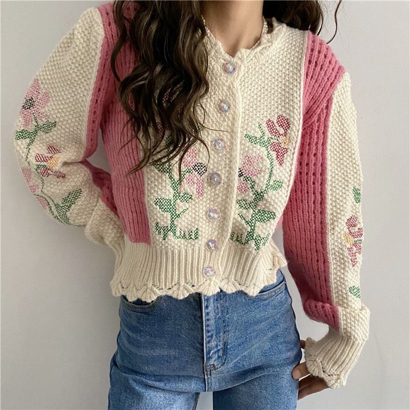 2023 Dame Sweater Jakke Kort Slim Fit Farve Matchende Blomster Strikkede Cardigan Toppe