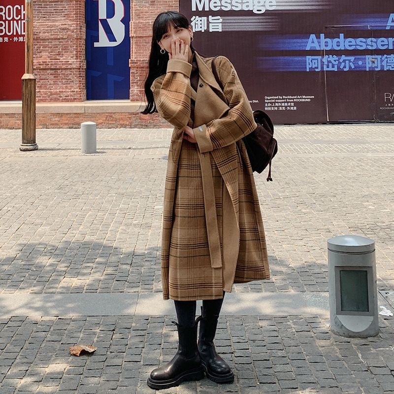 2023 Plaid Ulden Frakke Dame Mellemlang High-end Retro Trend