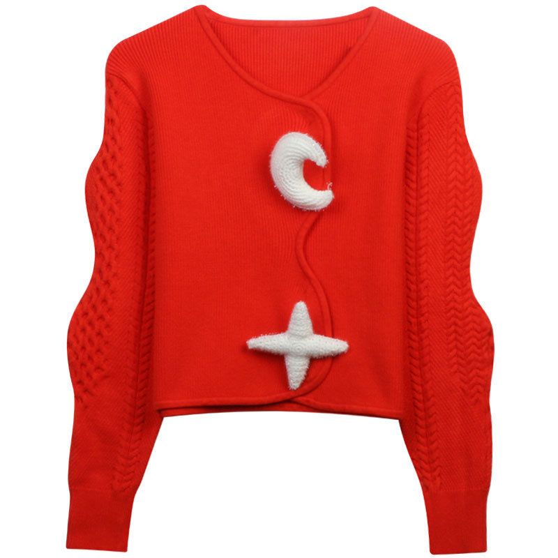 2023 Star Moon Tredimensionel Kort Strikket Cardigan Damedekoration Uregelmæssig Slim Fit