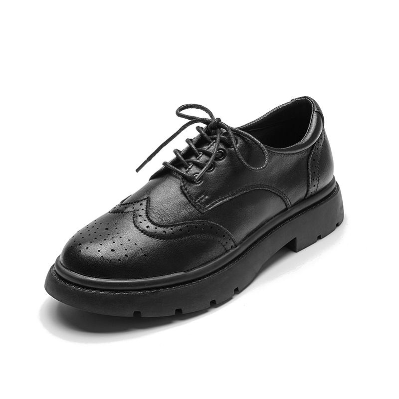 Brune Tyksålede Læder Loafers Damesnøre Retro Brogue Sko College Flade Sko 2023 Forår Og Efterår Ny Stil