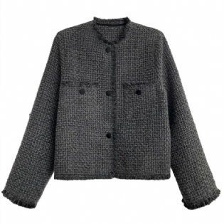 Grå Uldfrakke Dame Kvast Kort Uld Tweed Top