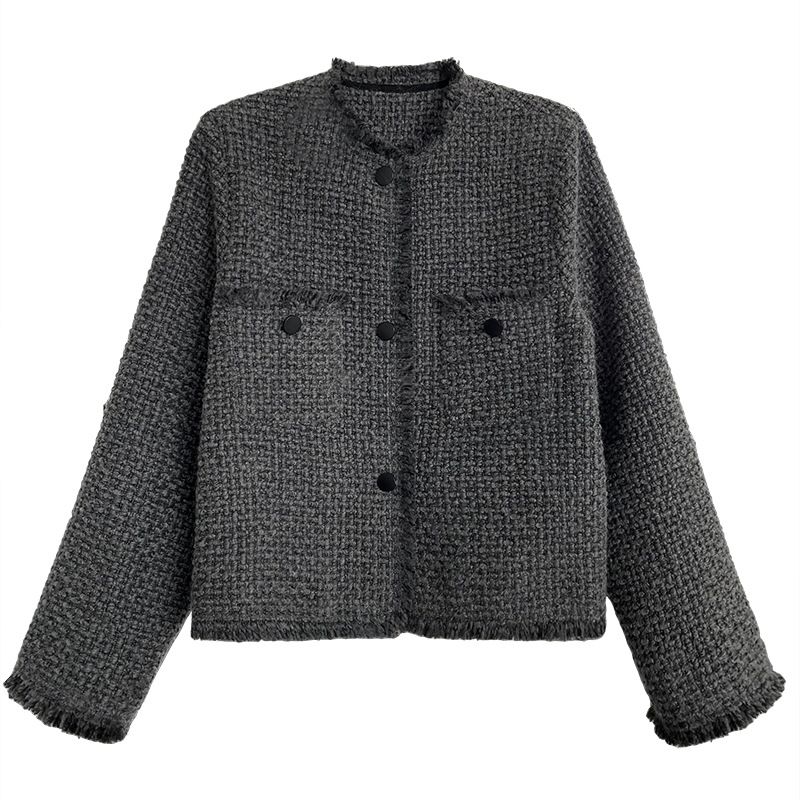 Grå Uldfrakke Dame Kvast Kort Uld Tweed Top