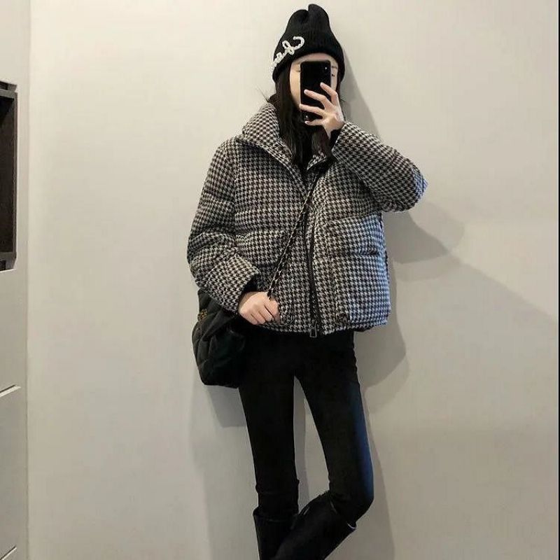 Houndstooth Cotton Coat Dame Kort 2023 Tyk Frakke