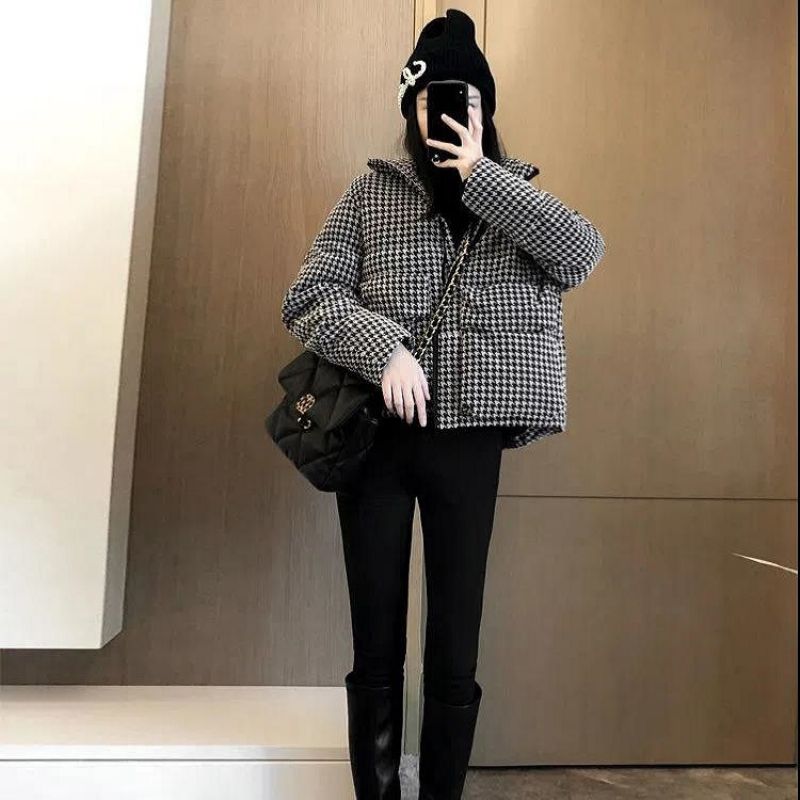 Houndstooth Cotton Coat Dame Kort 2023 Tyk Frakke