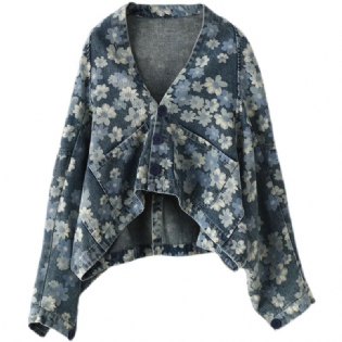 Litterært Print Denim Kort Jakke Dame Løs Flagermusærmet Cardigan Top