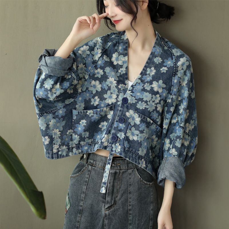 Litterært Print Denim Kort Jakke Dame Løs Flagermusærmet Cardigan Top